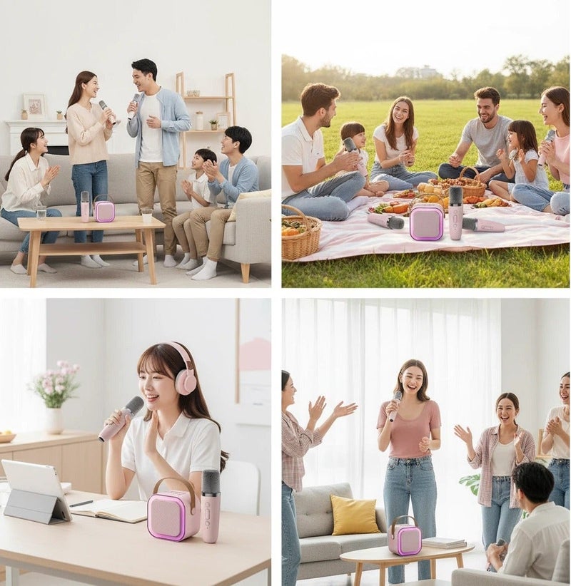 جهاز كاريوكي صغير للأطفال من عمر سنتين إلى ١٢ سنة، مكبر صوت كاريوكي لاسلكي محمول مع أضواء حفلات LED وميكروفونين لاسلكيين، هدية مثالية لأعياد الميلاد والعطلات للبنات والأولاد (K12-وردي) - Image 4