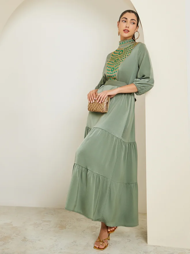 Styli Green Embellished Belted A-Line Maxi Dress