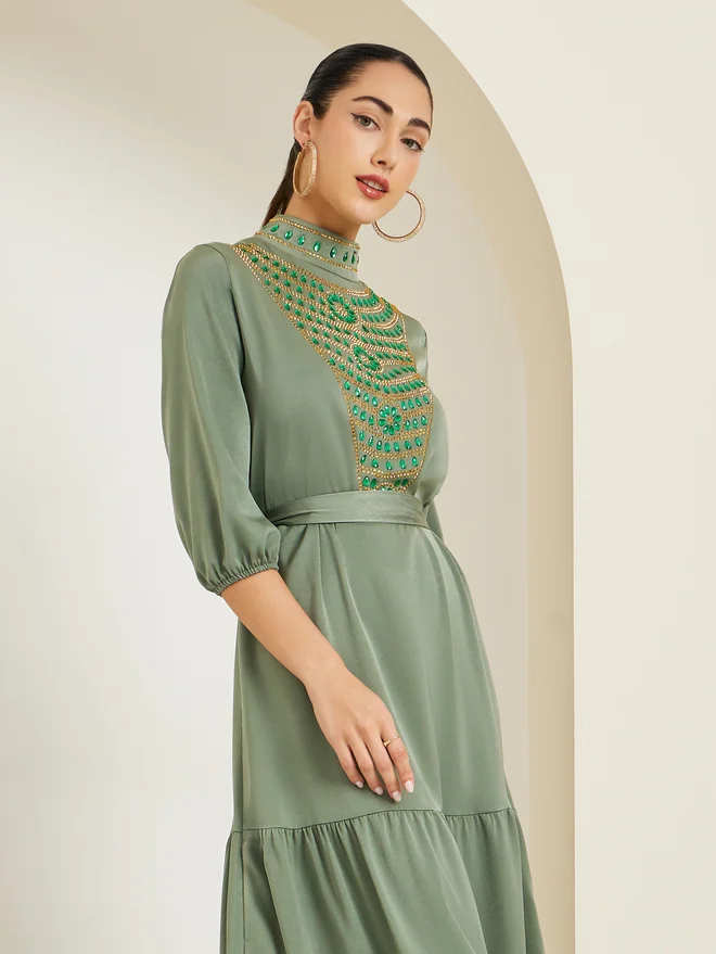 ستايلي Styli Green Embellished Belted A-Line Maxi Dress