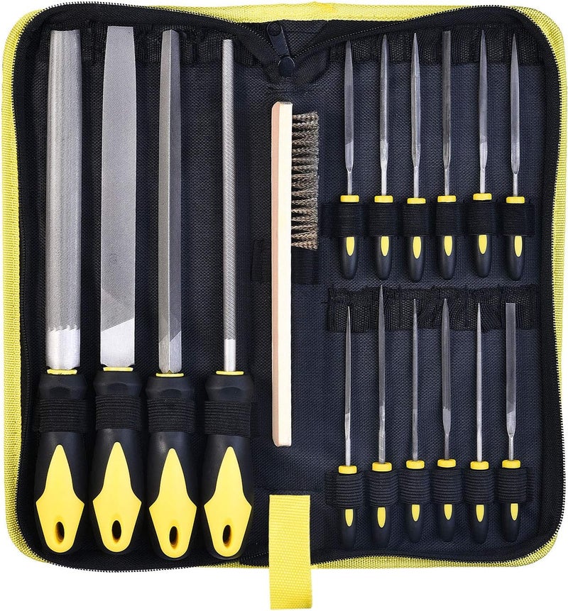 kapoua Metal File Set, Large Flat File/Half-Round File/Triangle File/Round File and 12 pcs Needle Files with Storage Bag and Steel Brush for Woodwork, Metal, Leather and Plastic - Image 1