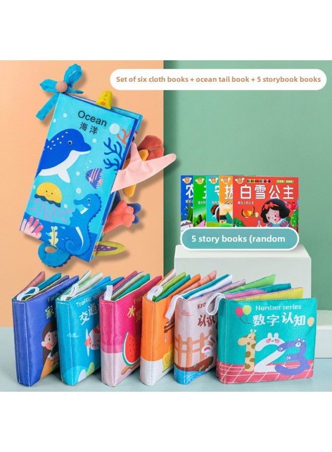 Baby's Cloth Book Baby's Early Education Can't Tear Rip Bite Toy Three-dimensional Early Education 6 Months Infant's Educational Book-Color:Bilingual 6-piece Set + Ocean Tail (5 Story Books Included)  - Image 1
