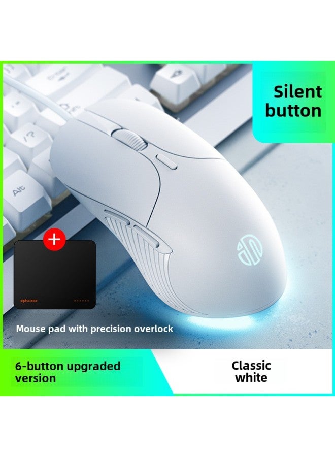 Gaming Mouse Notebook Mute Desktop Office Silent PB1 Cable Electric Competition Special Computer Machinery-Color:Classic White [6-button Upgraded Version Qingying + Mouse Pad-Interface:Official Standard - Image 1