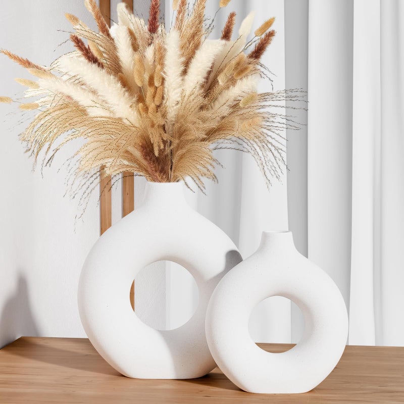 Zormon White Ceramic Vases for Decor, Home Decor Ceramic Vase Set of 2, Nordic Room Decorations Vases, Minimalist Decorative Vase for Table Centerpiece Wedding Dining Living Room Office House Decoration - Image 1