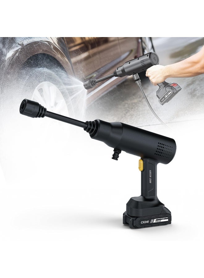 جرين ليون مسدس غسيل عالي الضغط 240 واط، رشاش ماء مع بطارية قابلة للفصل، مسدس غسيل كهربائي محمول لاسلكي بمدى 8 متر لتنظيف السيارات والدراجات والتراسات والأرضيات وري الحدائق - Image 1