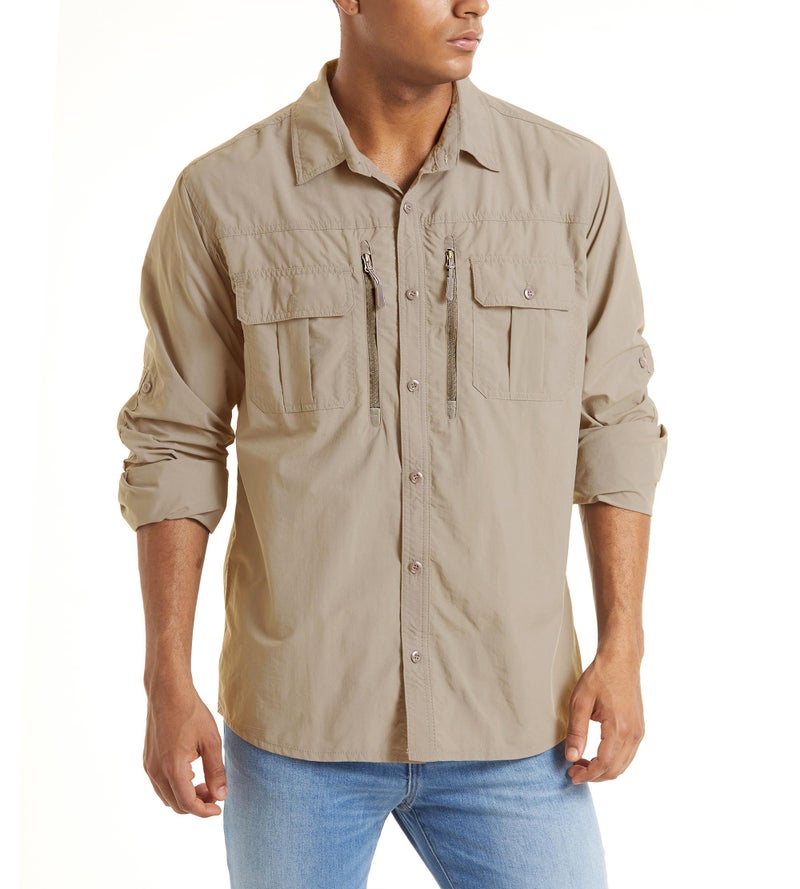 TACVASEN Long Sleeve Shirt for Men Button Up Fishing Shirt Quick Dry Fit Safari Shirt Sun Protection Work Shirt Breathable Tactical Shirt Cool Khaki XL - Image 1