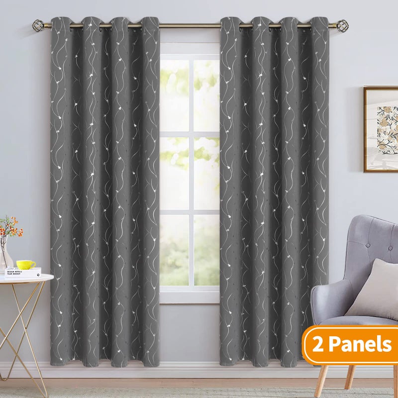 BGment الستائر Braged Blackout لغرفة النوم/غرفة المعيشة 84 بوصة الطول 2 لوحات مجموعة غامق الستائر الحرارية معزولة النافذة مع خط ونقاط نمط كل لوحة 52 × 84 بوصة رمادية داكنة - Image 2