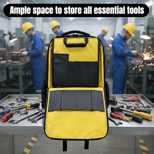 PAHAL 19 Inch Heavy Duty Tool Backpack – Multipocket Fabric Tool Storage Organizer for Electrician, Technician, Service Engineer, Mechanic & Carpenter, Yellow Black - Image 4