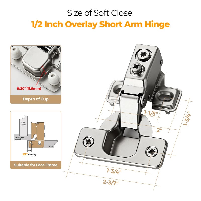 Ravinte 10 Pack 5 Pairs Short Arm Kitchen Cabinet Hinges for 1/2 Inch Overlay Cabinet, Brushed Nickel 105 Degree Opening Angle Hinges, Soft Close Concealed with Mounting Screws for Face Frame Door - Image 2
