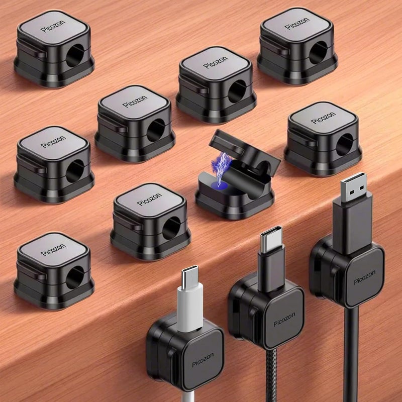 Picozon 12 Pack Magnetic Cable Clip Organizer Cord Holder, Adhesive Cable Management, Wire Phone USB Charger Cable Holder Keeper Organizer for Car, Office Home Desktop, Wall, Night Table - Black - Image 1