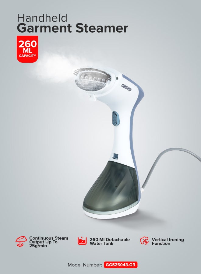 GEEPAS Handheld Garment Steamer 1300 W| Ready to Use in 30 Seconds| Suitable for All Kinds of Fabric and Safe for Delicate Fabrics| Equipped with Stainless Steel Panel and 260 ML Capacity| 2 Years Warranty 260 ml 1300 W GGS25043-GR Grey/White - Image 1