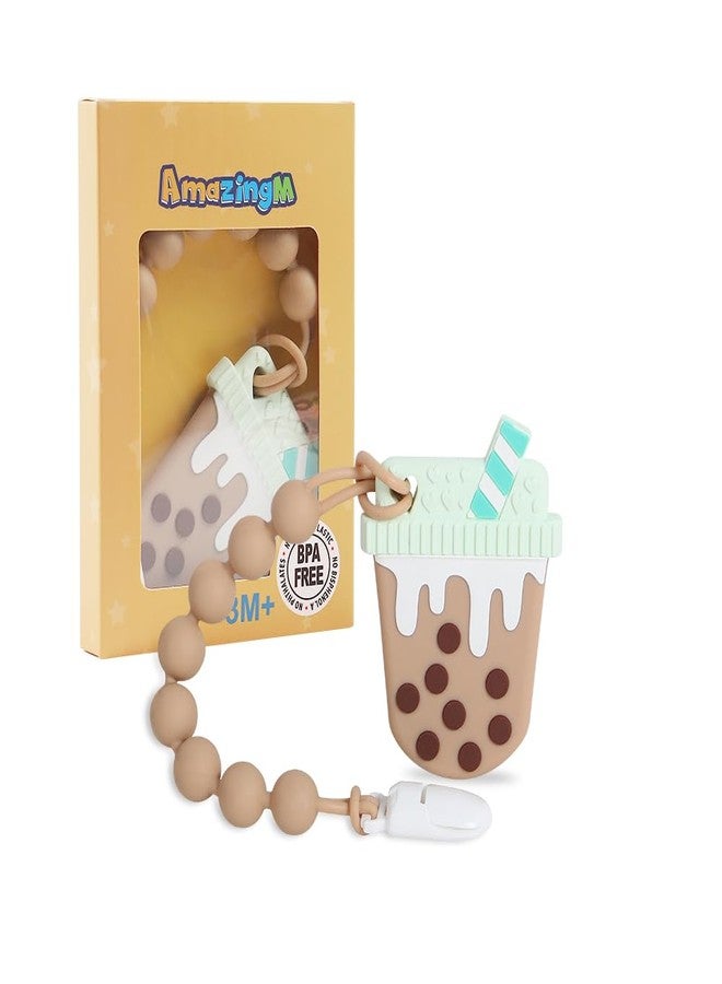 AmazingM Baby Food Grade Silicone Teether Toy with One Piece Design Pacifier Clip Holder,Teething Toys Gift Set for 3 Months+ Boys and Girls,Freezer Safe,BPA Free. (Bubble Tea) - Image 1