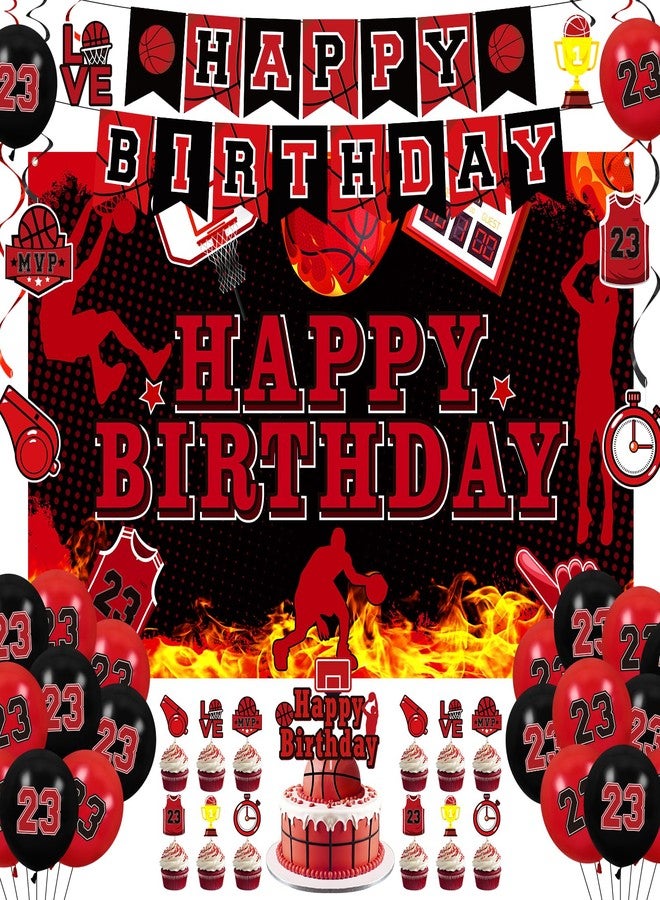 LUUFILx Basketball Party Decorations 51Pcs Black Red Basketball Happy Birthday Banner Balloons Cake Topper Cupcake Toppers Hanging Swirls Kit for Boys Kids Teens Sport Theme Basketball Birthday Party Supplies - Image 1