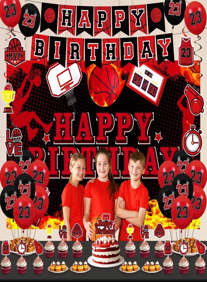 LUUFILx Basketball Party Decorations 51Pcs Black Red Basketball Happy Birthday Banner Balloons Cake Topper Cupcake Toppers Hanging Swirls Kit for Boys Kids Teens Sport Theme Basketball Birthday Party Supplies - Image 5