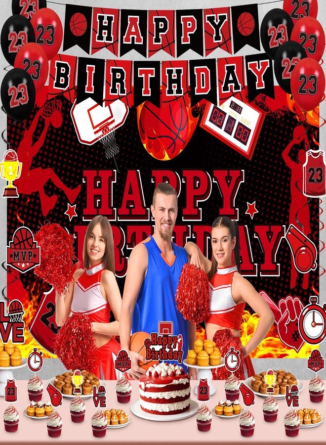 LUUFILx Basketball Party Decorations 51Pcs Black Red Basketball Happy Birthday Banner Balloons Cake Topper Cupcake Toppers Hanging Swirls Kit for Boys Kids Teens Sport Theme Basketball Birthday Party Supplies - Image 3