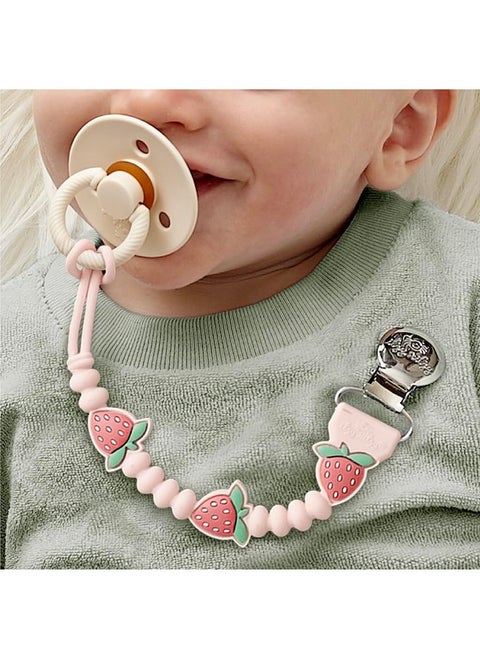 Itzy Ritzy Silicone Pacifier Clip; 100% Food Grade Silicone Pacifier Strap with Clip Keeps Pacifiers, Teethers & Small Toys in Place; Features One-Piece Design & Cord (Strawberry)