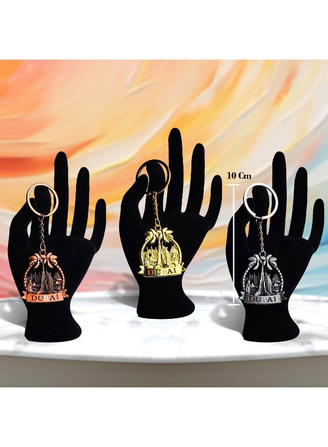Souvenir Souq Stylish metal keychain 3 pcs  featuring elegant Dubai design with palm tree in three vibrant colors—perfect as a souvenir, gift, or everyday accessory. - Image 2