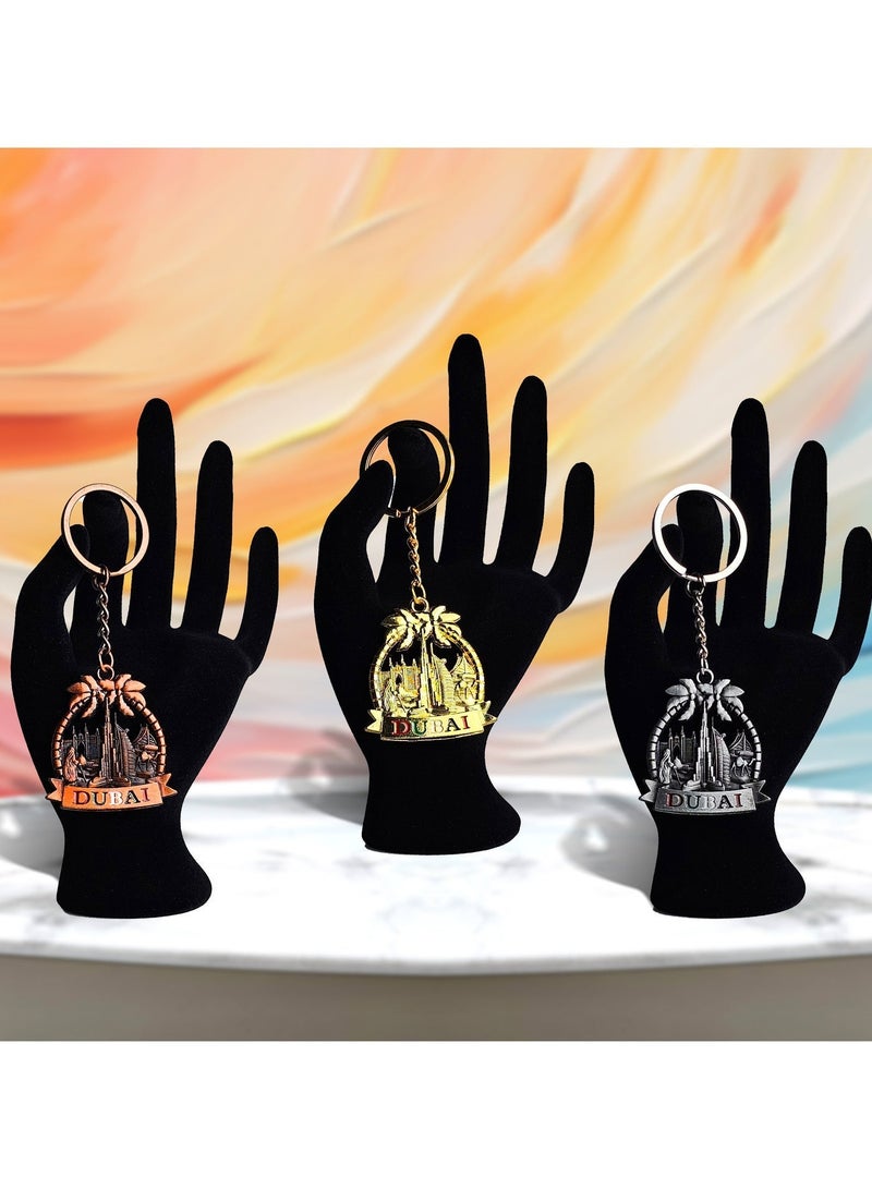 Souvenir Souq Stylish metal keychain 3 pcs  featuring elegant Dubai design with palm tree in three vibrant colors—perfect as a souvenir, gift, or everyday accessory. - Image 2
