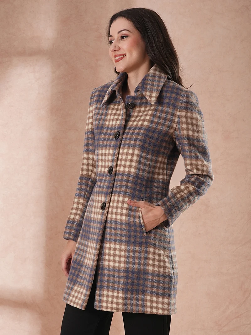 globus Women Checked Spread Collar Overcoats