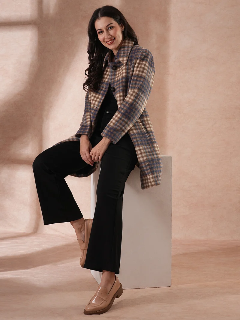 globus Women Checked Spread Collar Overcoats