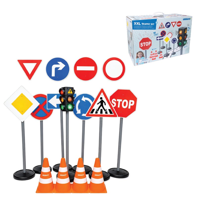 alldoro XXL Traffic Set | 80cm Light & Sound Traffic Light | 10 Signs 75cm | 4 Stackable Cones | Battery-Powered Road Safety Toy Age 3+ - Image 1