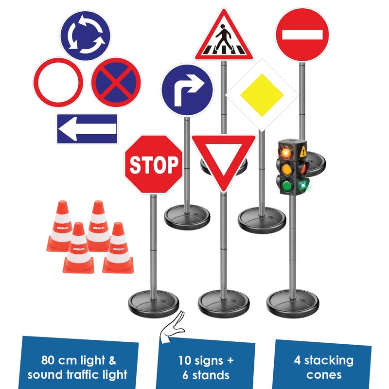alldoro XXL Traffic Set | 80cm Light & Sound Traffic Light | 10 Signs 75cm | 4 Stackable Cones | Battery-Powered Road Safety Toy Age 3+ - Image 2