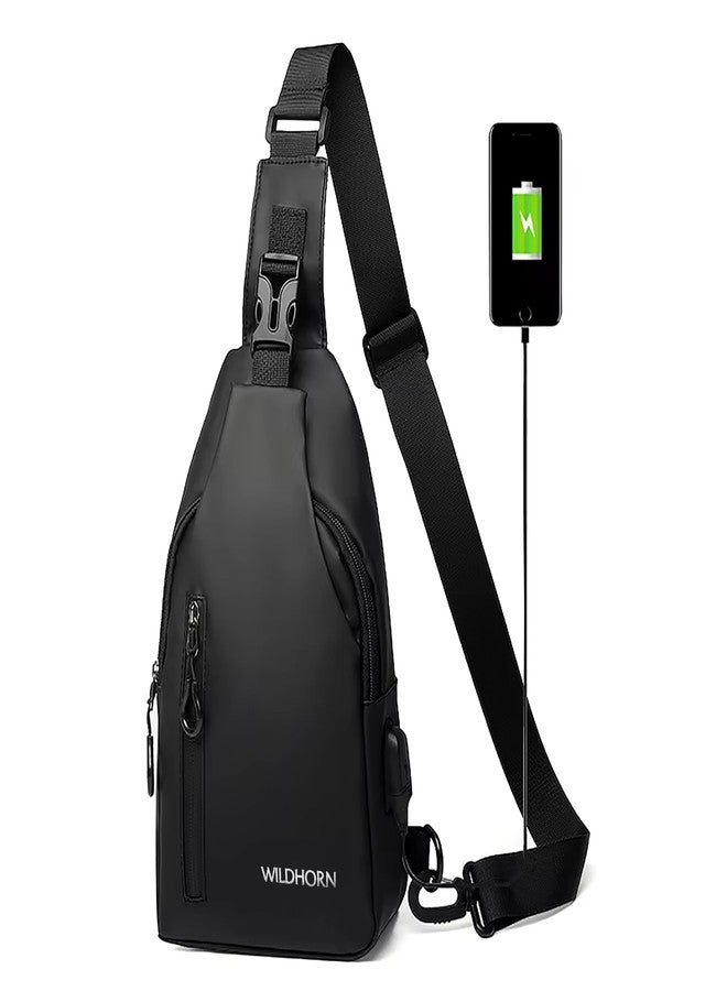 WildHorn Nylon Sling Bag for Men & Women | Waterproof Chest Shoulder Bag with USB Charging Port | Compact Crossbody Bag for Phone, Wallet & Daily Essentials (Black) - Image 2