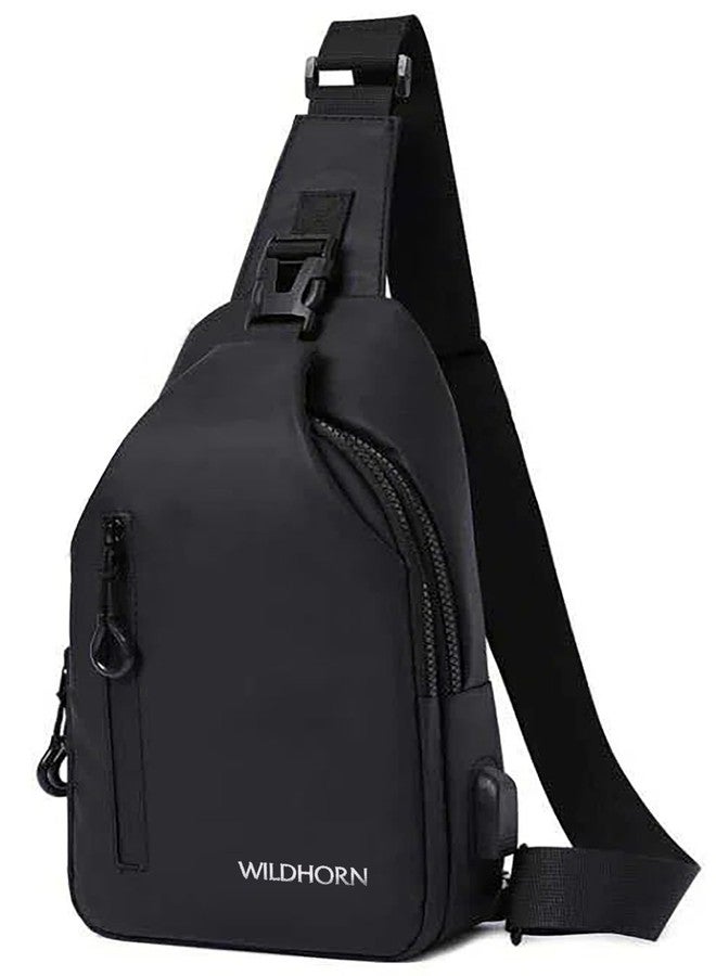 WildHorn Nylon Sling Bag for Men & Women | Waterproof Chest Shoulder Bag with USB Charging Port | Compact Crossbody Bag for Phone, Wallet & Daily Essentials (Black) - Image 1