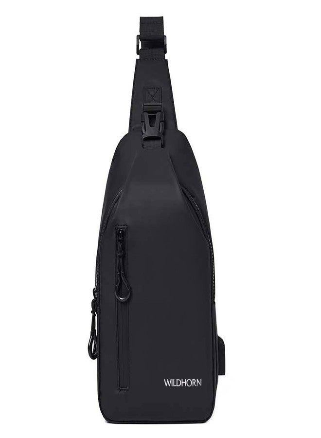 WildHorn Nylon Sling Bag for Men & Women | Waterproof Chest Shoulder Bag with USB Charging Port | Compact Crossbody Bag for Phone, Wallet & Daily Essentials (Black) - Image 3