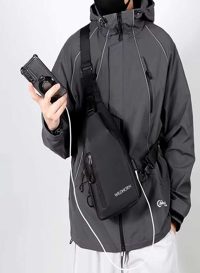 WildHorn Nylon Sling Bag for Men & Women | Waterproof Chest Shoulder Bag with USB Charging Port | Compact Crossbody Bag for Phone, Wallet & Daily Essentials (Black) - Image 4