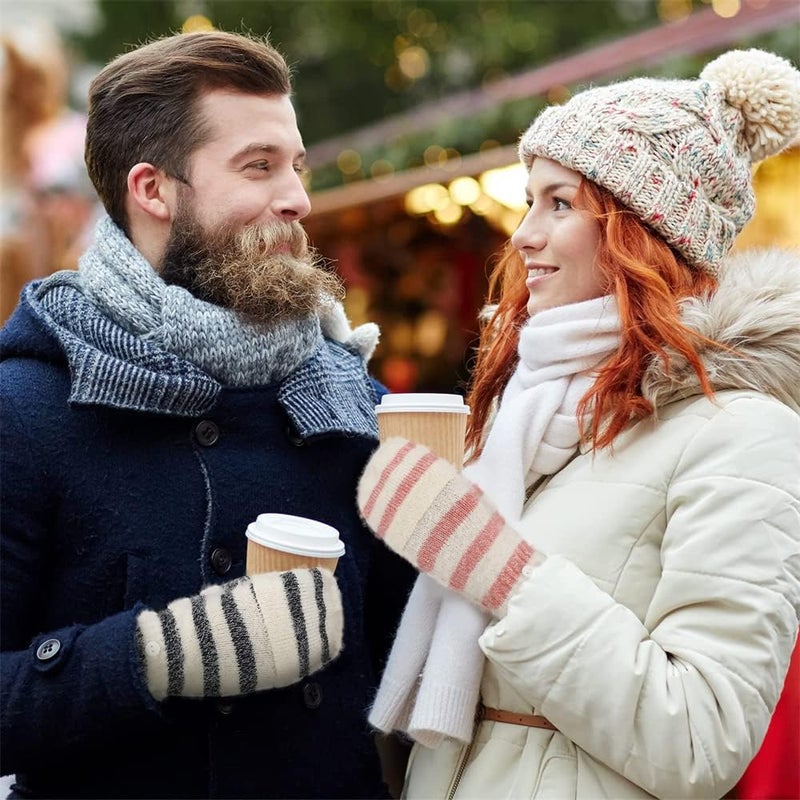 Luckam 2 Pairs Winter Touch Screen Gloves Warm Fleece Lined Knit Gloves Unisex Half Finger Gloves Elastic Cuff Winter Texting Gloves Pink Black, One Size - Image 2