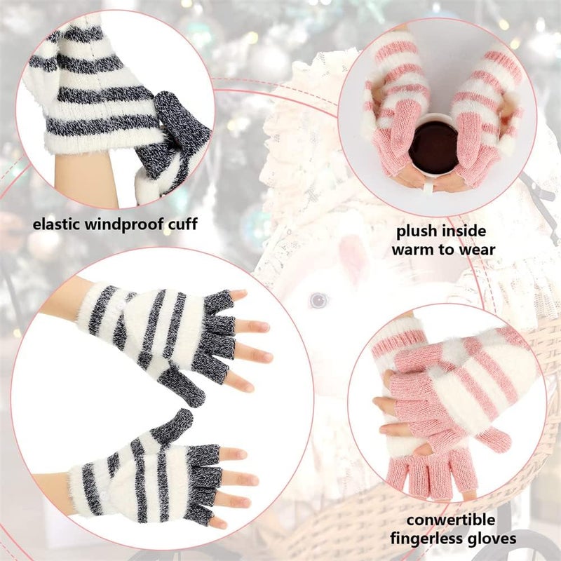 Luckam 2 Pairs Winter Touch Screen Gloves Warm Fleece Lined Knit Gloves Unisex Half Finger Gloves Elastic Cuff Winter Texting Gloves Pink Black, One Size - Image 4