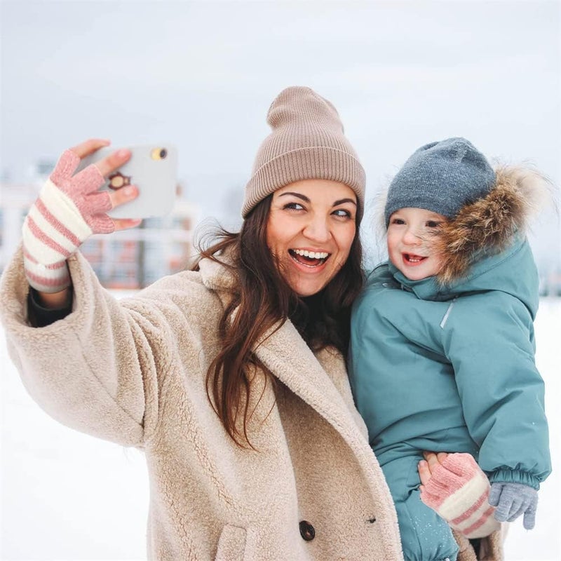 Luckam 2 Pairs Winter Touch Screen Gloves Warm Fleece Lined Knit Gloves Unisex Half Finger Gloves Elastic Cuff Winter Texting Gloves Pink Black, One Size - Image 3