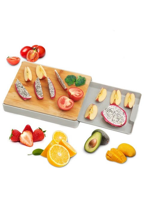 Cutting Board with Storage Tray, Kitchen Wooden Chopping Board, Plastic Tray Storage Container, Multi-Function Pull-Out Cutting Board, Easy Waste Removal and Food Prep, Anti-Skid, Hangable (Grey)