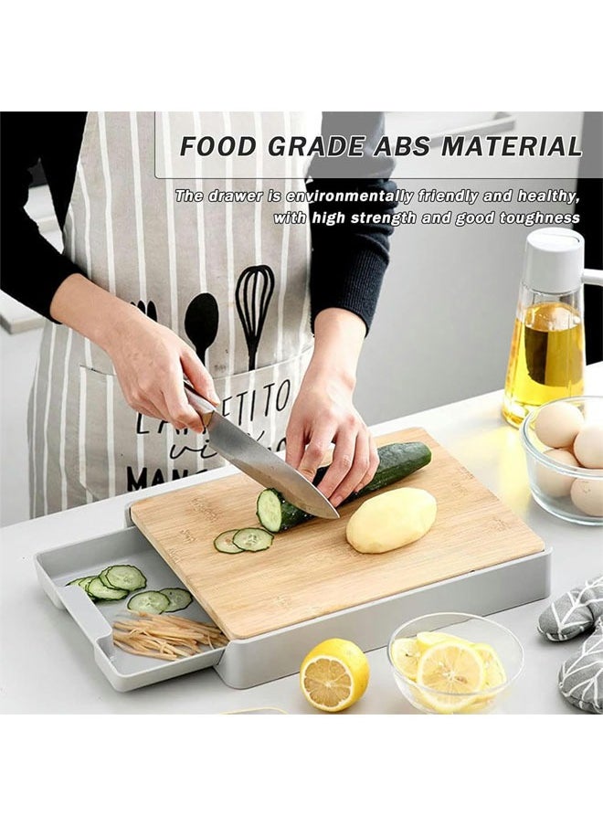 Cutting Board with Storage Tray, Kitchen Wooden Chopping Board, Plastic Tray Storage Container, Multi-Function Pull-Out Cutting Board, Easy Waste Removal and Food Prep, Anti-Skid, Hangable (Grey)
