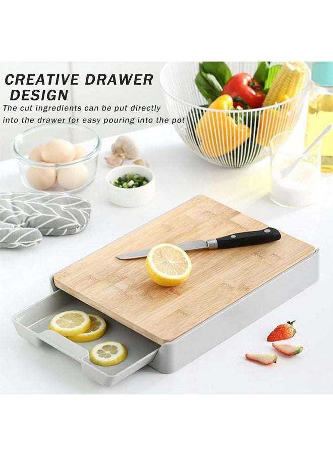 Cutting Board with Storage Tray, Kitchen Wooden Chopping Board, Plastic Tray Storage Container, Multi-Function Pull-Out Cutting Board, Easy Waste Removal and Food Prep, Anti-Skid, Hangable (Grey)