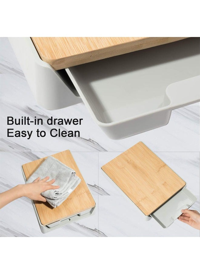 Cutting Board with Storage Tray, Kitchen Wooden Chopping Board, Plastic Tray Storage Container, Multi-Function Pull-Out Cutting Board, Easy Waste Removal and Food Prep, Anti-Skid, Hangable (Grey)