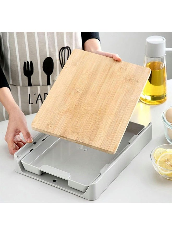 Cutting Board with Storage Tray, Kitchen Wooden Chopping Board, Plastic Tray Storage Container, Multi-Function Pull-Out Cutting Board, Easy Waste Removal and Food Prep, Anti-Skid, Hangable (Grey)