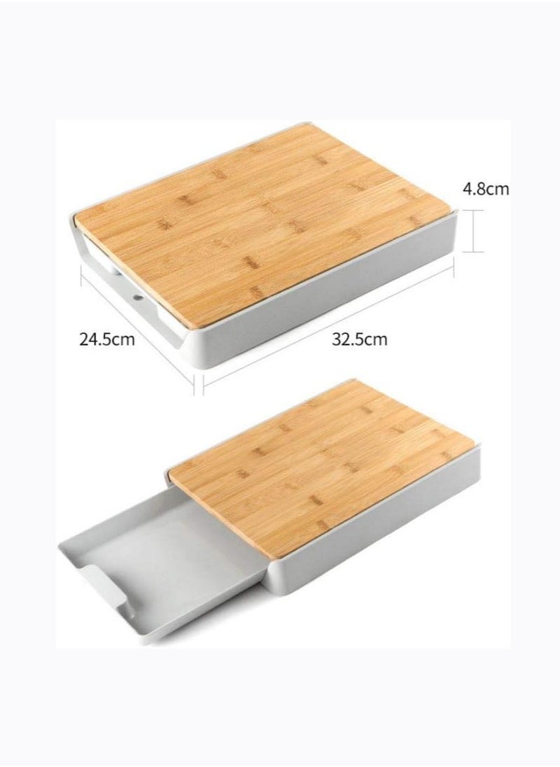 Cutting Board with Storage Tray, Kitchen Wooden Chopping Board, Plastic Tray Storage Container, Multi-Function Pull-Out Cutting Board, Easy Waste Removal and Food Prep, Anti-Skid, Hangable (Grey)