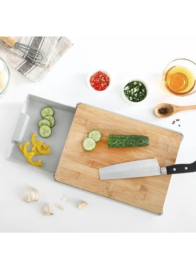 Cutting Board with Storage Tray, Kitchen Wooden Chopping Board, Plastic Tray Storage Container, Multi-Function Pull-Out Cutting Board, Easy Waste Removal and Food Prep, Anti-Skid, Hangable (Grey)