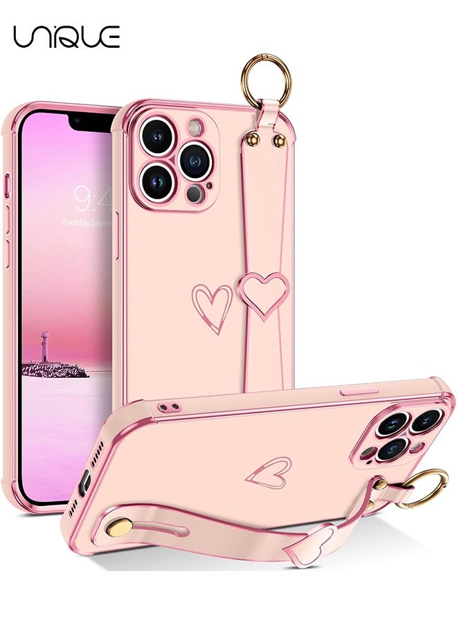 Unique Compatible with iPhone 15 Pro Max Case, Adjustable Wrist Strap Kickstand, Cute Heart Luxury Gold Plating Bumper, Women Girl Men Protective Case Cover, Pink - Image 1