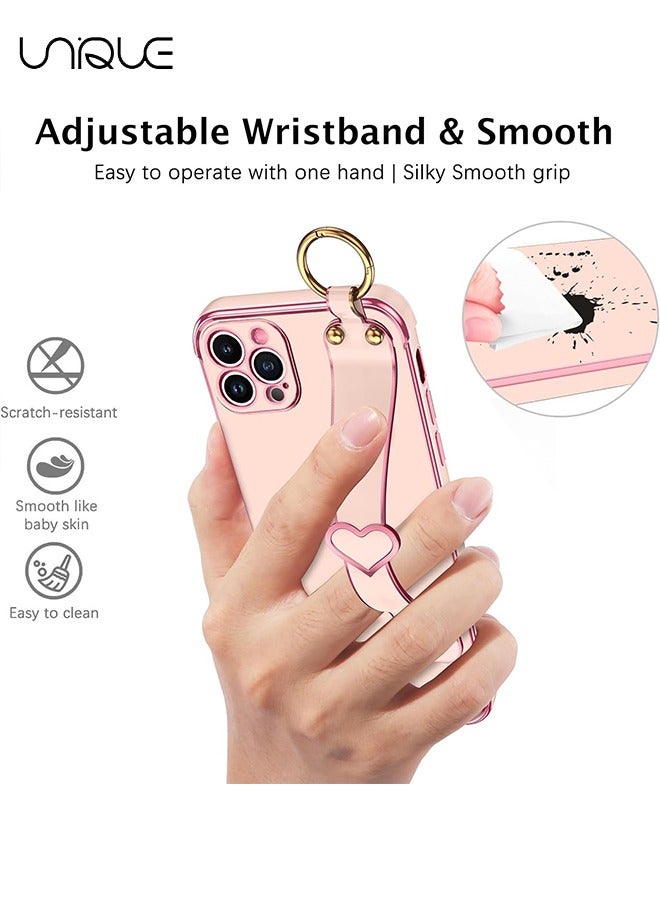 Unique Compatible with iPhone 15 Pro Max Case, Adjustable Wrist Strap Kickstand, Cute Heart Luxury Gold Plating Bumper, Women Girl Men Protective Case Cover, Pink - Image 4