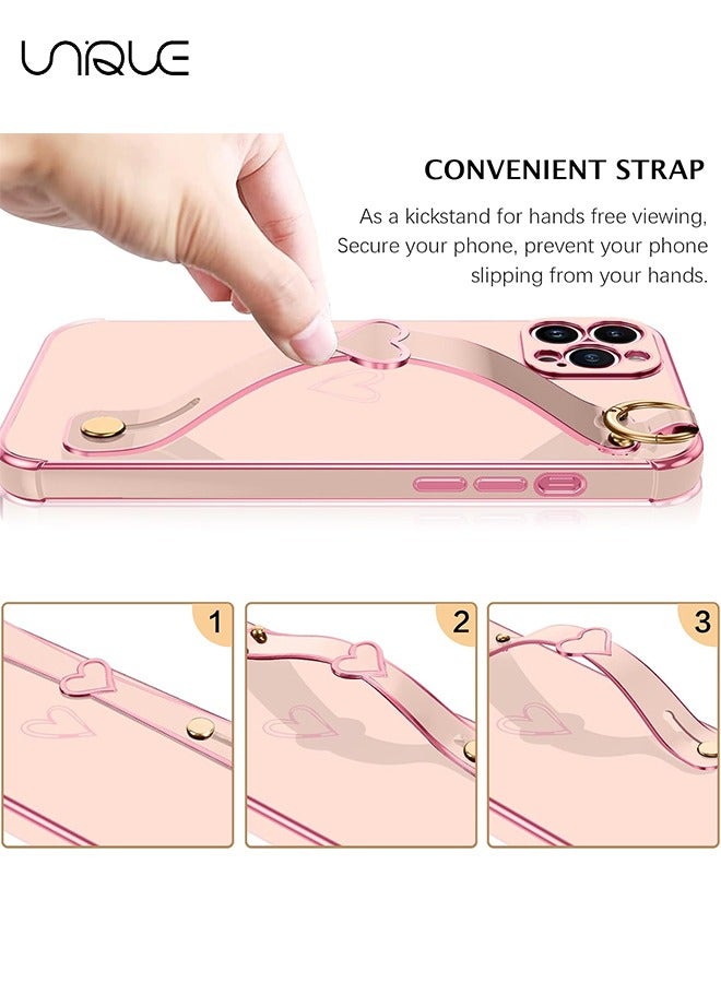 Unique Compatible with iPhone 15 Pro Max Case, Adjustable Wrist Strap Kickstand, Cute Heart Luxury Gold Plating Bumper, Women Girl Men Protective Case Cover, Pink - Image 2