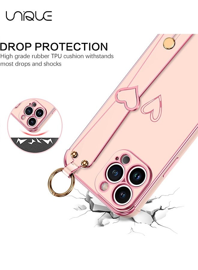 Unique Compatible with iPhone 15 Pro Max Case, Adjustable Wrist Strap Kickstand, Cute Heart Luxury Gold Plating Bumper, Women Girl Men Protective Case Cover, Pink - Image 3