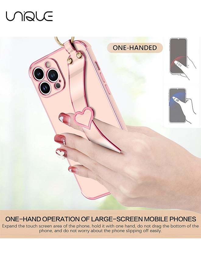 Unique Compatible with iPhone 15 Pro Max Case, Adjustable Wrist Strap Kickstand, Cute Heart Luxury Gold Plating Bumper, Women Girl Men Protective Case Cover, Pink - Image 5