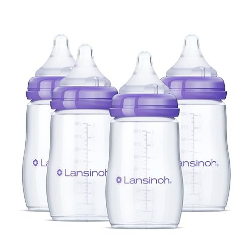 Lansinoh AntiColic Baby Bottles BPAFree Plastic 8 Ounces 4 Count Medium Flow Nipples Size M Breastfeeding Bottle with NaturalWave Design - Image 1