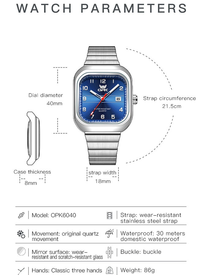 Opk Brand Watch, Stylish Business Exquisite Quartz Watch, Waterproof Single Calendar, Men'S Watch - 6040 Steel Strap, Natural Blue. - Image 3