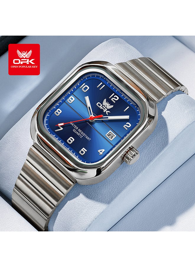Opk Brand Watch, Stylish Business Exquisite Quartz Watch, Waterproof Single Calendar, Men'S Watch - 6040 Steel Strap, Natural Blue. - Image 1