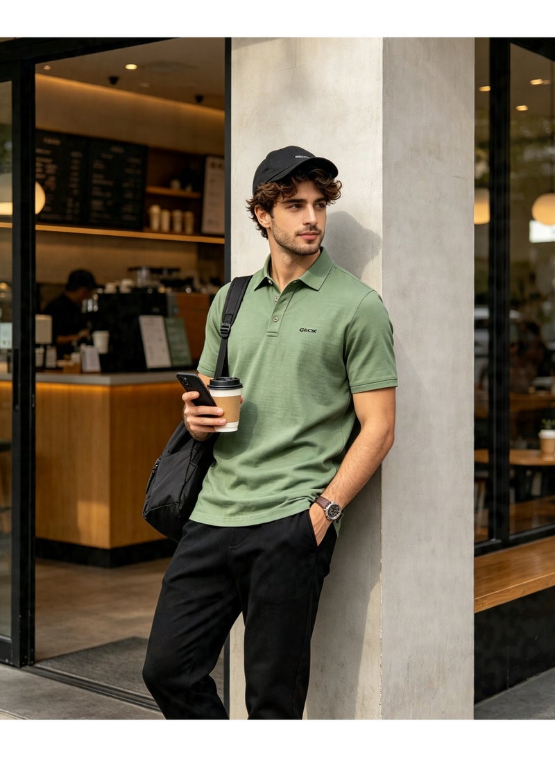 GEOX Men Short Sleeve Street Café Casual Polo Shirt Green - Image 3