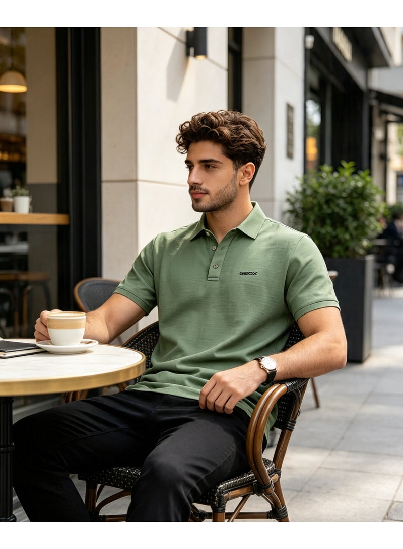 GEOX Men Short Sleeve Street Café Casual Polo Shirt Green - Image 1