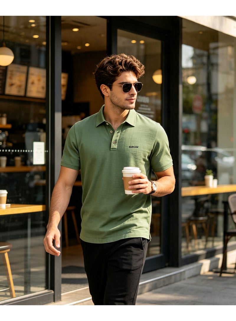 GEOX Men Short Sleeve Street Café Casual Polo Shirt Green - Image 2